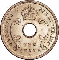 obverse of 10 Cents - George V (1920) coin with KM# 14 from British East Africa. Inscription: GEORGIVS V REX ET IND:IMP: TEN CENTS H