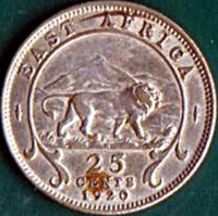 reverse of 25 Cents - George V (1920) coin with KM# 15 from British East Africa. Inscription: EAST AFRICA 25 CENTS 1920