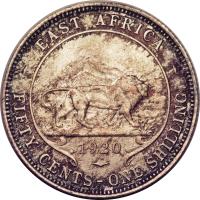 reverse of 50 Cents - George V (1920) coin with KM# 16 from British East Africa. Inscription: EAST AFRICA 1920 FIFTY PENCE-ONE SHILLING