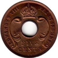 British East Africa coin 5 Cents - Edward VIII (1936) obverse obverse of 5 Cents - Edward VIII (1936) coin with KM# 23 from British East Africa. Inscription: EDWARDVS VIII REX ET IND:IMP: FIVE CENTS