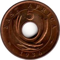 reverse of 5 Cents - Edward VIII (1936) coin with KM# 23 from British East Africa. Inscription: EAST AFRICA 5 1936