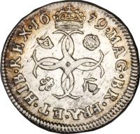 England coin 4 Pence - Charles II - Maundy Coinage (1670 - 1684) reverse reverse of 4 Pence - Charles II - Maundy Coinage (1670 - 1684) coin with SP# 3384 from England. Inscription: MAG · BR · FRA · ET · HIB · REX · 16 79 · CCCC