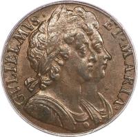 England coin 1/2 Penny - William & Mary (1690 - 1694) obverse obverse of 1/2 Penny - William & Mary (1690 - 1694) coin with SP# 3452 from England. Inscription: GVLIELMVS · ET · MARIA ·