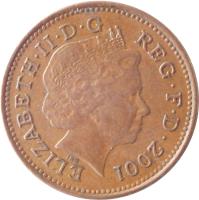 obverse of 1 Penny - Elizabeth II - Magnetic; 4'th Portrait (1998 - 2008) coin with KM# 986 from United Kingdom. Inscription: ELIZABETH · II · D · G REG · F · D · 2001 IRB