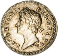England coin 3 Pence - James II - Maundy Coinage (1685 - 1688) obverse obverse of 3 Pence - James II - Maundy Coinage (1685 - 1688) coin with SP# 3415 from England. Inscription: IACOBVS · II · DEI · GRATIA