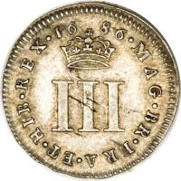 England coin 3 Pence - James II - Maundy Coinage (1685 - 1688) reverse reverse of 3 Pence - James II - Maundy Coinage (1685 - 1688) coin with SP# 3415 from England. Inscription: MAG · BR · FRA · ET · HIB · REX · 16 86 · III
