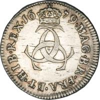England coin 3 Pence - Charles II - Maundy Coinage (1670 - 1684) reverse reverse of 3 Pence - Charles II - Maundy Coinage (1670 - 1684) coin with SP# 3386 from England. Inscription: MAG · BR · FRA · ET · H I B · REX · 16 79 · CCC