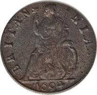England coin 1 Farthing - William & Mary - Plain edge (1694) reverse reverse of 1 Farthing - William & Mary - Plain edge (1694) coin with SP# 3453 from England. Inscription: BRITAN NIA. 1694