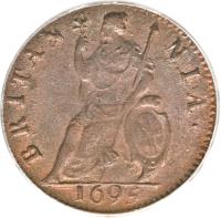 England coin 1 Farthing - William III (1695 - 1700) reverse reverse of 1 Farthing - William III (1695 - 1700) coin with SP# 3557 from England. Inscription: BRITAN NIA · 1699