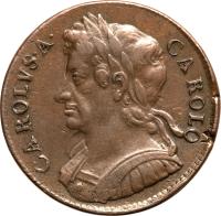 England coin 1/2 Penny - Charles II (1672 - 1675) obverse obverse of 1/2 Penny - Charles II (1672 - 1675) coin with SP# 3393 from England. Inscription: CAROLVS · A · CAROLO