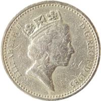 obverse of 1 Pound - Elizabeth II - Royal Diadem: Wales - Welsh Leek; 3'rd Portrait (1985 - 1990) coin with KM# 941 from United Kingdom. Inscription: ELIZABETH II D · G · REG · F · D · 1990 RDM