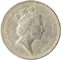 United Kingdom coin 1 Pound - Elizabeth II - Royal Diadem: Wales - Welsh Leek; 3'rd Portrait (1985 - 1990) obverse obverse of 1 Pound - Elizabeth II - Royal Diadem: Wales - Welsh Leek; 3'rd Portrait (1985 - 1990) coin with KM# 941 from United Kingdom. Inscription: ELIZABETH II D · G · REG · F · D · 1990 RDM