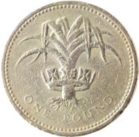 reverse of 1 Pound - Elizabeth II - Royal Diadem: Wales - Welsh Leek; 3'rd Portrait (1985 - 1990) coin with KM# 941 from United Kingdom. Inscription: ONE POUND