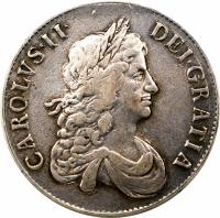 England coin 1 Crown - Charles II - 2'nd Portrait (1667 - 1671) obverse obverse of 1 Crown - Charles II - 2'nd Portrait (1667 - 1671) coin with SP# 3357 from England.