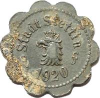 Germany coin 10 Pfennig - Stettin (Pommern) (1920) obverse obverse of 10 Pfennig - Stettin (Pommern) (1920) coin with F# 522.5 from Germany. Inscription: Stadt Stettin 1920