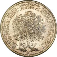 reverse of 5 Reichsmark (1927 - 1933) coin with KM# 56 from Germany. Inscription: · EINIGKEIT · UND · RECHT · UND · FREIHEIT · 19 27 F