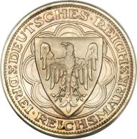 obverse of 3 Reichsmark - Bremerhaven (1927) coin with KM# 50 from Germany. Inscription: DEUTSCHES · REICH DREI · REICHSMARK