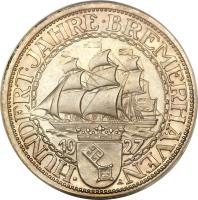 Germany coin 3 Reichsmark - Bremerhaven (1927) reverse reverse of 3 Reichsmark - Bremerhaven (1927) coin with KM# 50 from Germany. Inscription: HUNDERT · JAHRE · BREMERHAVEN 19 27 A