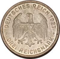 obverse of 3 Reichsmark - Tubingen University (1927) coin with KM# 54 from Germany.