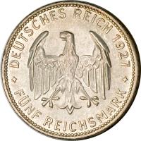 obverse of 5 Reichsmark - Tubingen University (1927) coin with KM# 55 from Germany.