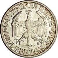 obverse of 3 Reichsmark - Dinkelsbühl (1928) coin with KM# 59 from Germany. Inscription: DEUTSCHES REICH *DREI REICHSMARK*