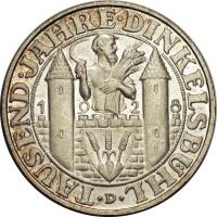 Germany coin 3 Reichsmark - Dinkelsbühl (1928) reverse reverse of 3 Reichsmark - Dinkelsbühl (1928) coin with KM# 59 from Germany. Inscription: TAUSEND · JAHRE · DINKELSBÜHL 1 9 2 8 · D ·
