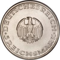 obverse of 5 Reichsmark - Gotthold Lessing (1929) coin with KM# 61 from Germany.