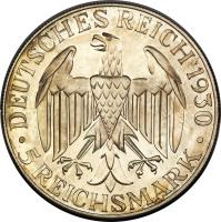 obverse of 5 Reichsmark - Graf Zeppelin (1930) coin with KM# 68 from Germany. Inscription: DEUTSCHES REICH 1930 · 5 REICHSMARK ·