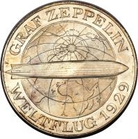 reverse of 5 Reichsmark - Graf Zeppelin (1930) coin with KM# 68 from Germany. Inscription: GRAF ZEPPELIN WELTFLUG 1929