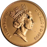 United Kingdom coin 2 Pence - Elizabeth II - 3'rd Portrait; Magnetic (1992 - 1997) obverse obverse of 2 Pence - Elizabeth II - 3'rd Portrait; Magnetic (1992 - 1997) coin with KM# 936a from United Kingdom. Inscription: ELIZABETH II D · G · REG · F · D · 1993 RDM