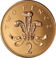 United Kingdom coin 2 Pence - Elizabeth II - 3'rd Portrait; Magnetic (1992 - 1997) reverse reverse of 2 Pence - Elizabeth II - 3'rd Portrait; Magnetic (1992 - 1997) coin with KM# 936a from United Kingdom. Inscription: TWO PENCE ICH DIEN 2