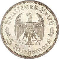 obverse of 5 Reichsmark - Friedrich Schiller - Larger (1934) coin with KM# 85 from Germany. Inscription: Deutsches Reich 5 Reichsmark