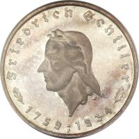 reverse of 5 Reichsmark - Friedrich Schiller - Larger (1934) coin with KM# 85 from Germany. Inscription: Friedrich Schiller 1759 - 1943 F