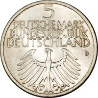 obverse of 5 Deutsche Mark - Germanic Museum (1952) coin with KM# 113 from Germany. Inscription: 5 DEUTSCHE MARK BUNDESREPUBLIK DEUTSCHLAND D