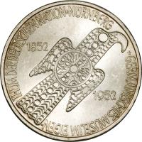 reverse of 5 Deutsche Mark - Germanic Museum (1952) coin with KM# 113 from Germany. Inscription: *GERMANISCHES MUSEUM EIGEN- THUM DER DEUTSCHEN NATION*NÜRNBERG 1852 1952