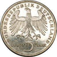 obverse of 5 Deutsche Mark - Friedrich von Schiller (1955) coin with KM# 114 from Germany. Inscription: BUNDESREPUBLIK DEUTSCHLAND 5 DEUTSCHE MARK