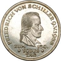 reverse of 5 Deutsche Mark - Friedrich von Schiller (1955) coin with KM# 114 from Germany. Inscription: FRIEDRICH VON SCHILLER O.V.1955 ZUM TODES TAG