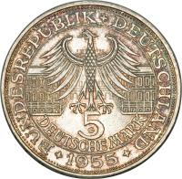obverse of 5 Deutsche Mark - Markgraf von Baden (1955) coin with KM# 115 from Germany. Inscription: BUNDESREPUBLIK DEUTSCHLAND 5 DEUTSCHE MARK G 1955