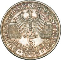 Germany coin 5 Deutsche Mark - Markgraf von Baden (1955) obverse obverse of 5 Deutsche Mark - Markgraf von Baden (1955) coin with KM# 115 from Germany. Inscription: BUNDESREPUBLIK DEUTSCHLAND 5 DEUTSCHE MARK G 1955