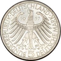 obverse of 5 Deutsche Mark - Joseph von Eichendorff (1957) coin with KM# 117 from Germany.