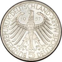 Germany coin 5 Deutsche Mark - Joseph von Eichendorff (1957) obverse obverse of 5 Deutsche Mark - Joseph von Eichendorff (1957) coin with KM# 117 from Germany.