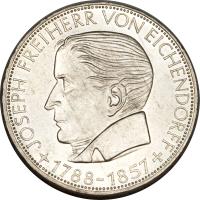 reverse of 5 Deutsche Mark - Joseph von Eichendorff (1957) coin with KM# 117 from Germany.