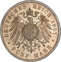 German States coin 5 Mark - Friedrich August III (1907 - 1914) reverse reverse of 5 Mark - Friedrich August III (1907 - 1914) coin with KM# 1266 from German States. Inscription: DEUTSCHES REICH 1914 * FÜNF MARK
