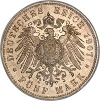 reverse of 5 Mark - Friedrich August III (1907 - 1914) coin with KM# 1266 from German States. Inscription: DEUTSCHES REICH 1914 * FÜNF MARK