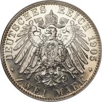reverse of 2 Mark - Friedrich August III (1905 - 1914) coin with KM# 1263 from German States. Inscription: DEUTSCHES REICH 1905 * ZWEI MARK *