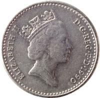 United Kingdom coin 5 Pence - Elizabeth II - Smaller; 3'rd Portrait (1990 - 1997) obverse obverse of 5 Pence - Elizabeth II - Smaller; 3'rd Portrait (1990 - 1997) coin with KM# 937b from United Kingdom. Inscription: ELIZABETH II D · G · REG · F · D · 1992 RDM