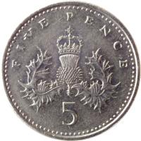 United Kingdom coin 5 Pence - Elizabeth II - Smaller; 3'rd Portrait (1990 - 1997) reverse reverse of 5 Pence - Elizabeth II - Smaller; 3'rd Portrait (1990 - 1997) coin with KM# 937b from United Kingdom. Inscription: FIVE PENCE 5
