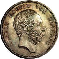 obverse of 5 Mark - Albert I (1875 - 1889) coin with KM# 1237 from German States. Inscription: ALBERT KOENIG VON SACHSEN