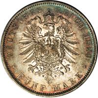 reverse of 5 Mark - Albert I (1875 - 1889) coin with KM# 1237 from German States. Inscription: DEUTSCHES REICH 1876 FÜNF MARK