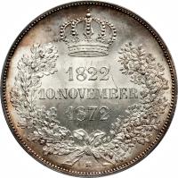 German States coin 2 Vereinsthaler - Johann - Golden Wedding Anniversary (1872) reverse reverse of 2 Vereinsthaler - Johann - Golden Wedding Anniversary (1872) coin with KM# 1231 from German States. Inscription: 1822 10.NOVEMBER 1872 B